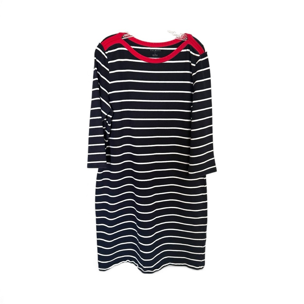 Talbots XL Navy White Striped Cotton Dress Red Trim Nautical Cruise Resort